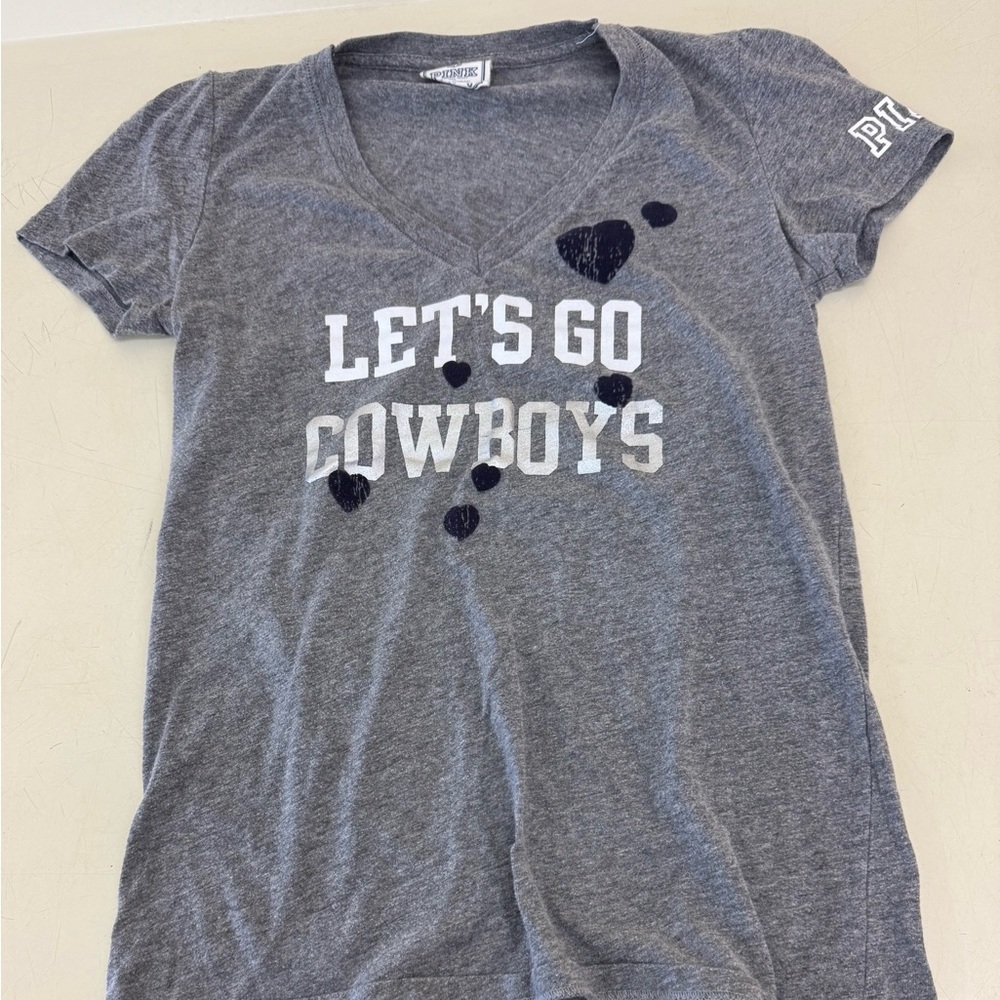 PINK Victoria's Secret Grey V-Neck 'LET'S GO COWBOYS' Tee